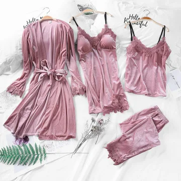 Бархатные пижамные комплекты Herislim, женский сексуальный кружевной халат, пижама, одежда для сна, весна-осень, мягкие теплые пижамные комплекты из 4 предметов, ночная домашняя одежда - Цвет: pink