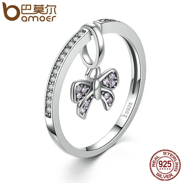 Lovely Real 925 Sterling Silver Pink Bow Knot Ring For Women