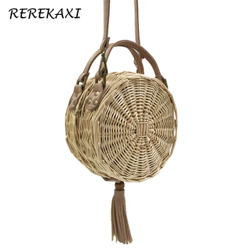 

Rattan Weave Round Women Handbag Summer Wicker Straw Beach Bag Female Tassels Shoulder Messenger Bags Bohemia Tote Crossbody Bag