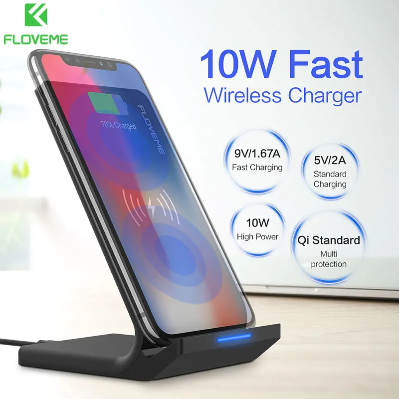 

Qi Wireless Charger For iPhone X 8 XR XS Max FLOVEME 10W Fast Wireless Charging Dock Stand For Samsung Note 8 9 S8 S9 Plus S7 S6