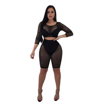 

Sexy Two Piece Set Women Casual Mesh Fishnet Bodycon Long Sleeve V Neck T Shirt Shorts Clubwear Transparent Clothes For Women