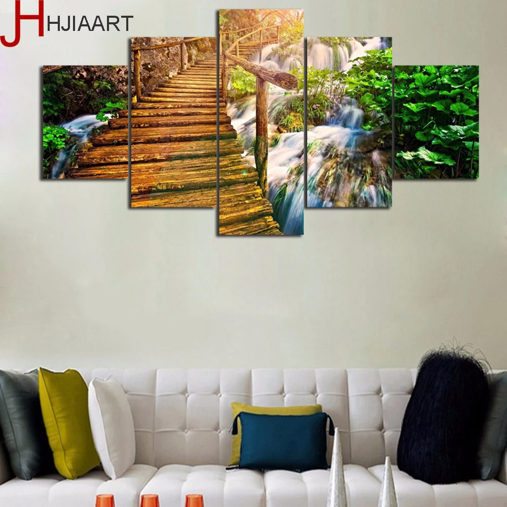 Framed Modern Waterfall and Wooden Stairs Scenery Canvas Pictures Wall