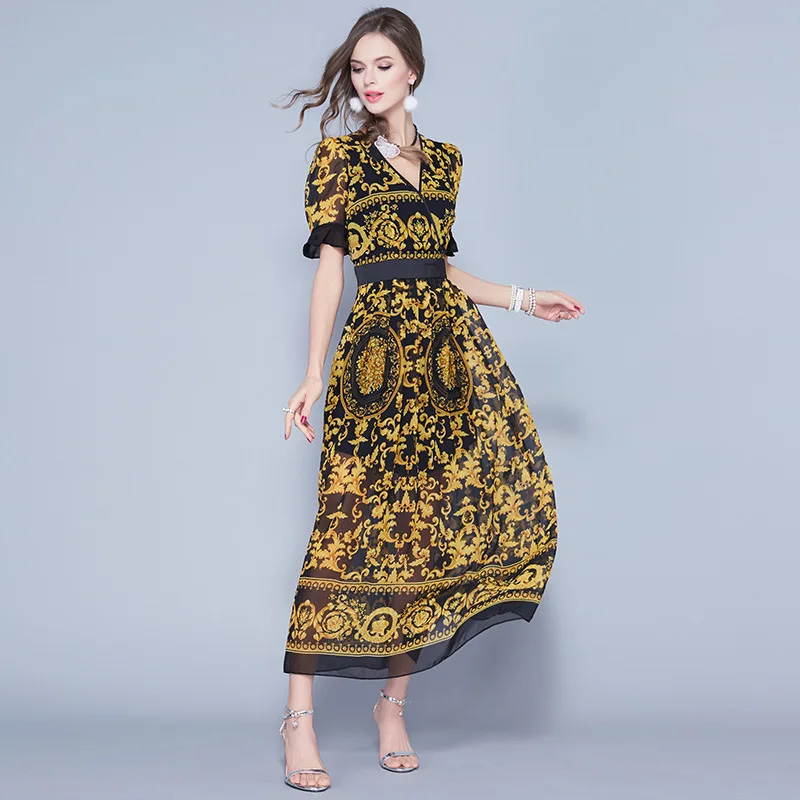 Elegant Romantic Dresses 2017 Summer Lantern Sleeves Black / White Belt V Neck Chiffon Vintage Ethnic Printed Slim Long Dress long-white-lace-dress