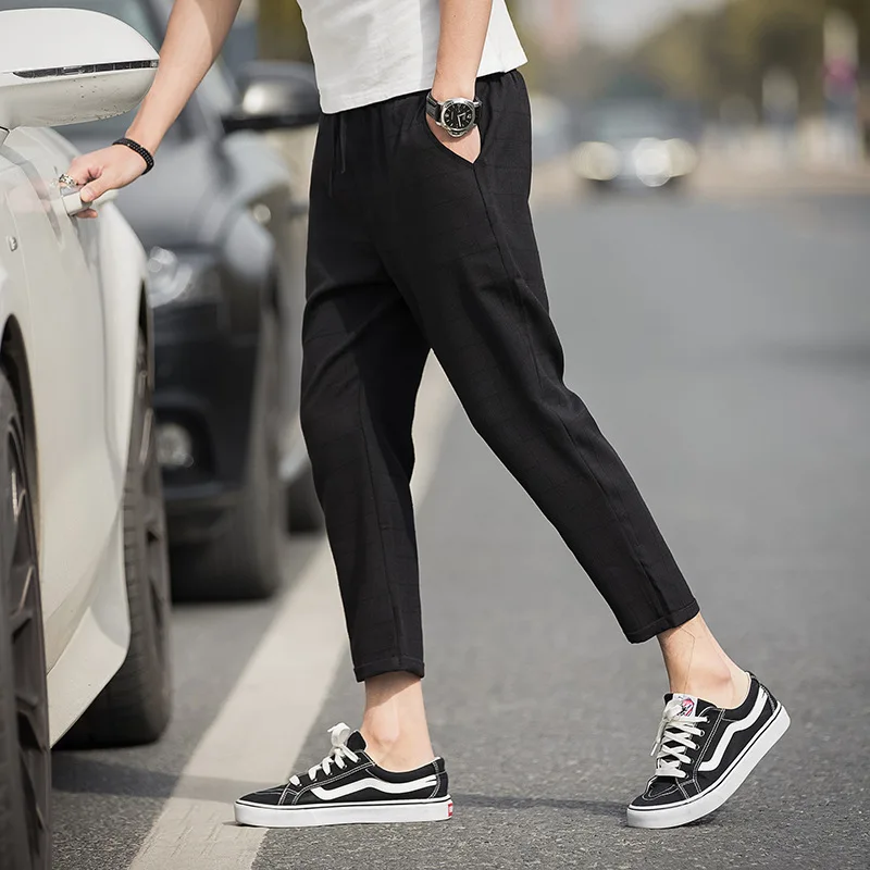 

Zogaa Men Trousers Hip Hop Jogger Pants Men Streetwear Ankle-Length Linen Plaid Pants Fashion Elastic Waist Pants Hip Hop Pants