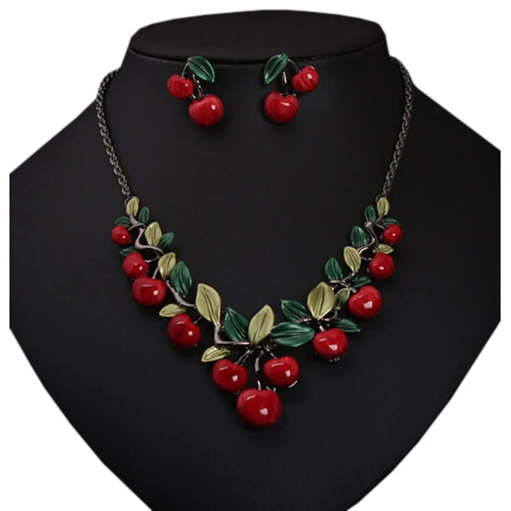 Oil Alloy Cherry Jewelry Sets For Woman Vintage Chain Necklace Pendant Earrings Statement Bridal Wedding Party Gifts