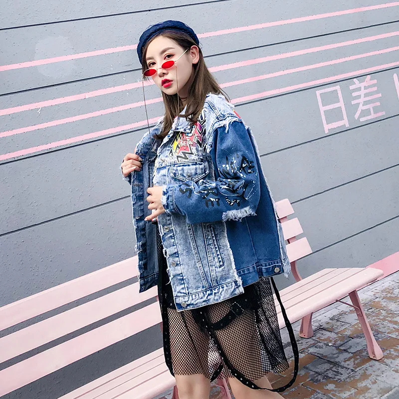 Punk Femmes Trous 2018 Veste Graffiti Denim Neige Jean De Araignée Manteau En Imprimé Streetwear Beau Lt688s50 Vintage w0xY7