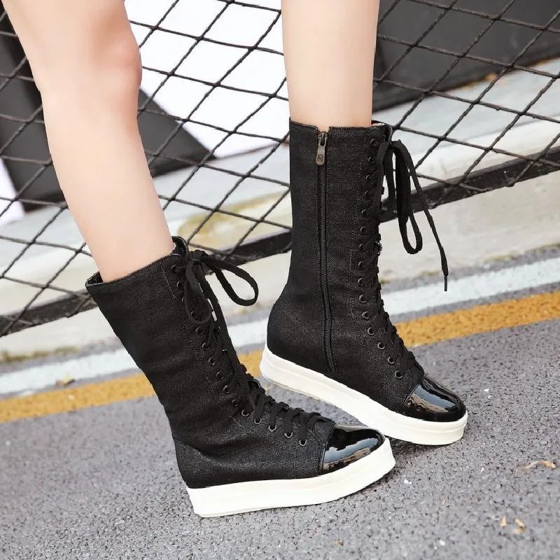 Fashion Canvas Lace Up Women Knee High Boots Round Toe Short Plush Women Snow Boots Tall Punk Casual Flat Platform Shoes Boots (10)