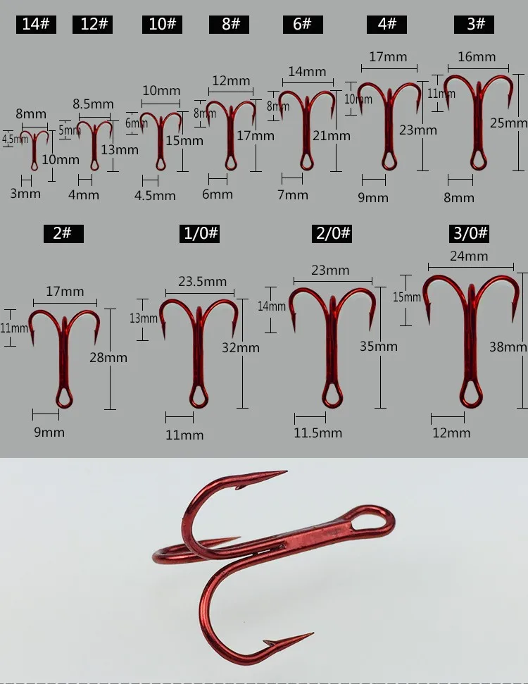 20 PCS] High Carbon Steel Red Treble Fishing Hook Red color Pesca