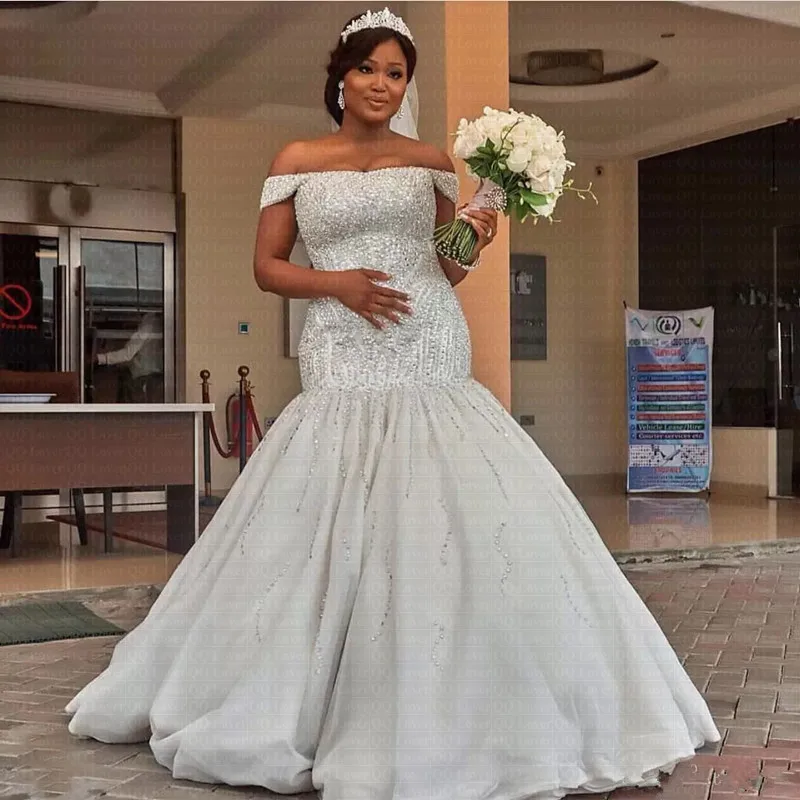

2019 New Africa Off Shoulder Crystal Mermaid Wedding Dress Custom-made Bridal Gowns Vestido De Novia