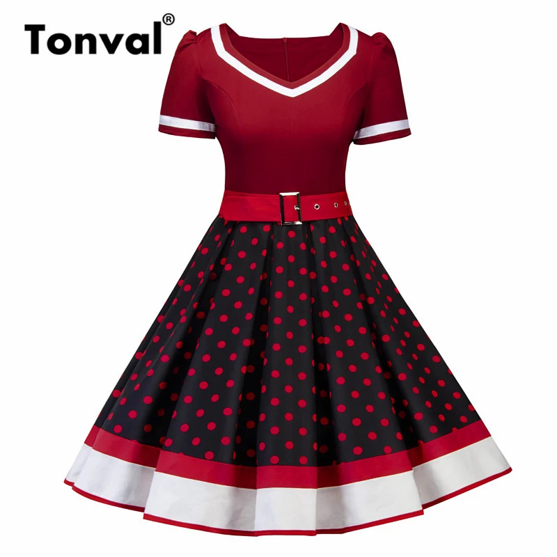 

Tonval Retro Navy Blue Pin Up Rockabilly Polka Dot Women Dress Belted Vintage Tunic Pleated Dress Elegant Summer Dresses
