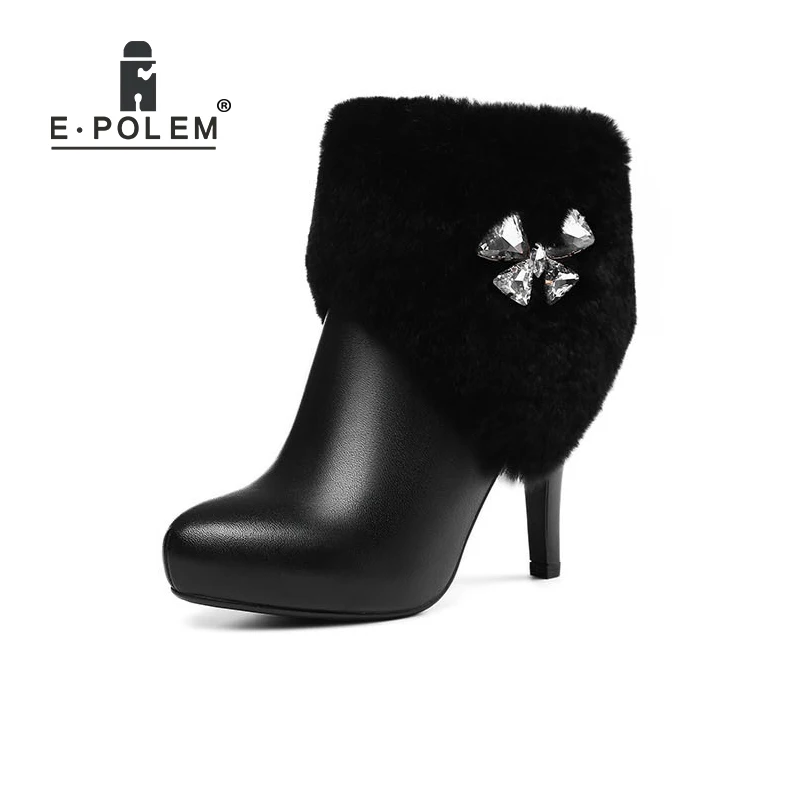 E.POLEM New Women Boots Fashion Pointed Toe Boots Female Genuine Leather Zip Ankle Boots Women High Heel Short Boots