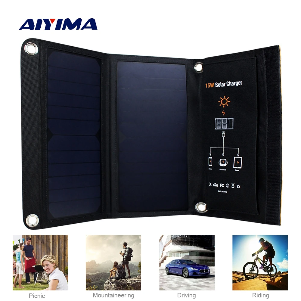

AIYIMA Portable Foldable 15W Solar Charger Powerport Sun Power Outdoor 5V Portable fast Charging Board for Phones
