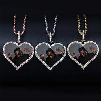 

Photo Frame Memory Medallions Heart Pendants Necklace AAA CZ Stone Bling Iced Out Men Hip Hop Rapper Jewelry Rose Gold