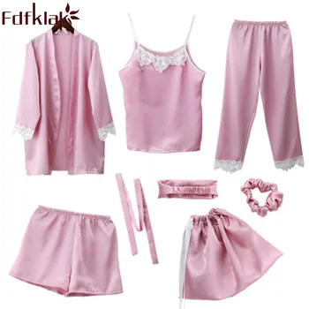 

Fdfklak Women's Pajamas Set Spring Summer Pijama Sexy Pyjama Femme Silk Night Suit 7 Pcs Sleepwear Sets Home Clothes Q1191