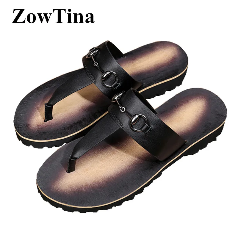 Black Leather Men Flip Flops Gladiator Metal Buckle Flat Sandals Shoes Man Platform Beach Summer Slides Large 46 Sandalias