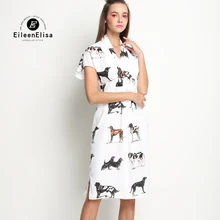 Женские летние платья до колена с коротким рукавом и принтом собаки, элегантное белое Повседневное платье с v-образным вырезом