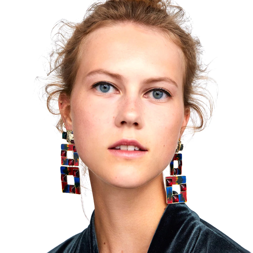 

Vodeshanliwen ZA New Design Colorful Square Enamel Big Dangle Earrings For Women 2018 Bohemia Statement Long Drop Earrings