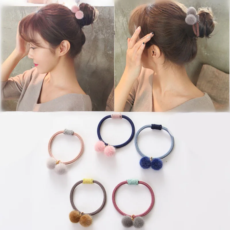 

Korean Version Multicolor Plush Ball Hair Rope Cute Sweet Hair Ring Headrope Elastic Hair Band Women Girls Hair Accessories