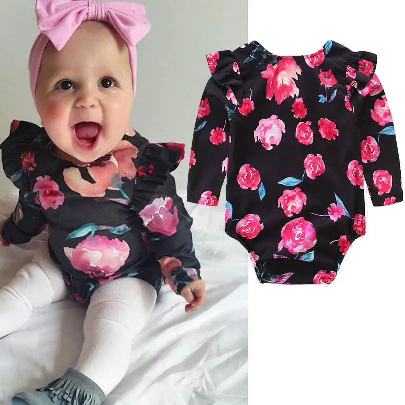 0 24M Newborn Baby Girls Clothes Long Sleeve Floral Bodysuit Jumpsuit