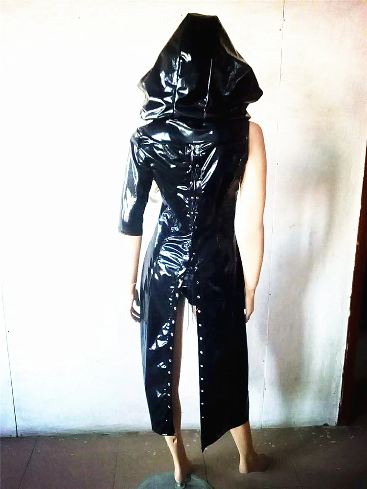 Новое поступление готический панк Wetlook латексное платье с капюшоном из ПВХ