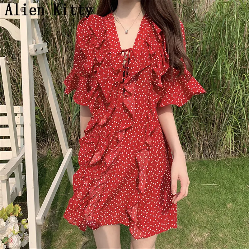 

Alien Kitty Korea 2019 Summer Casual Ruffles Print Hearts Sweet Loose Short Sleeves V-Neck A-Line All-Match Mini Chiffon Dress
