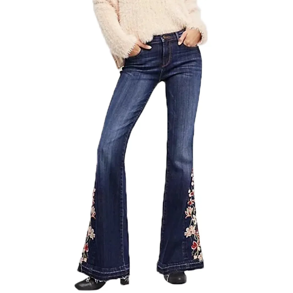 Свободные женские Стрейчевые джинсы с высокой талией и вышивкой, женские джинсовые штаны с цветочным принтом, штаны женские джинсы, расклешенные брюки N30
