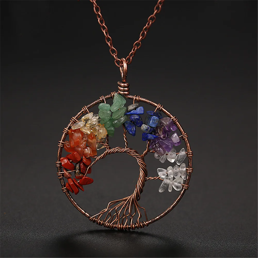 

Natural 7 Chakra Crystal Tree of Life Healing Pendant Necklace Handmade Bronze Curved Tree Link Chain Necklace Women Jewelry