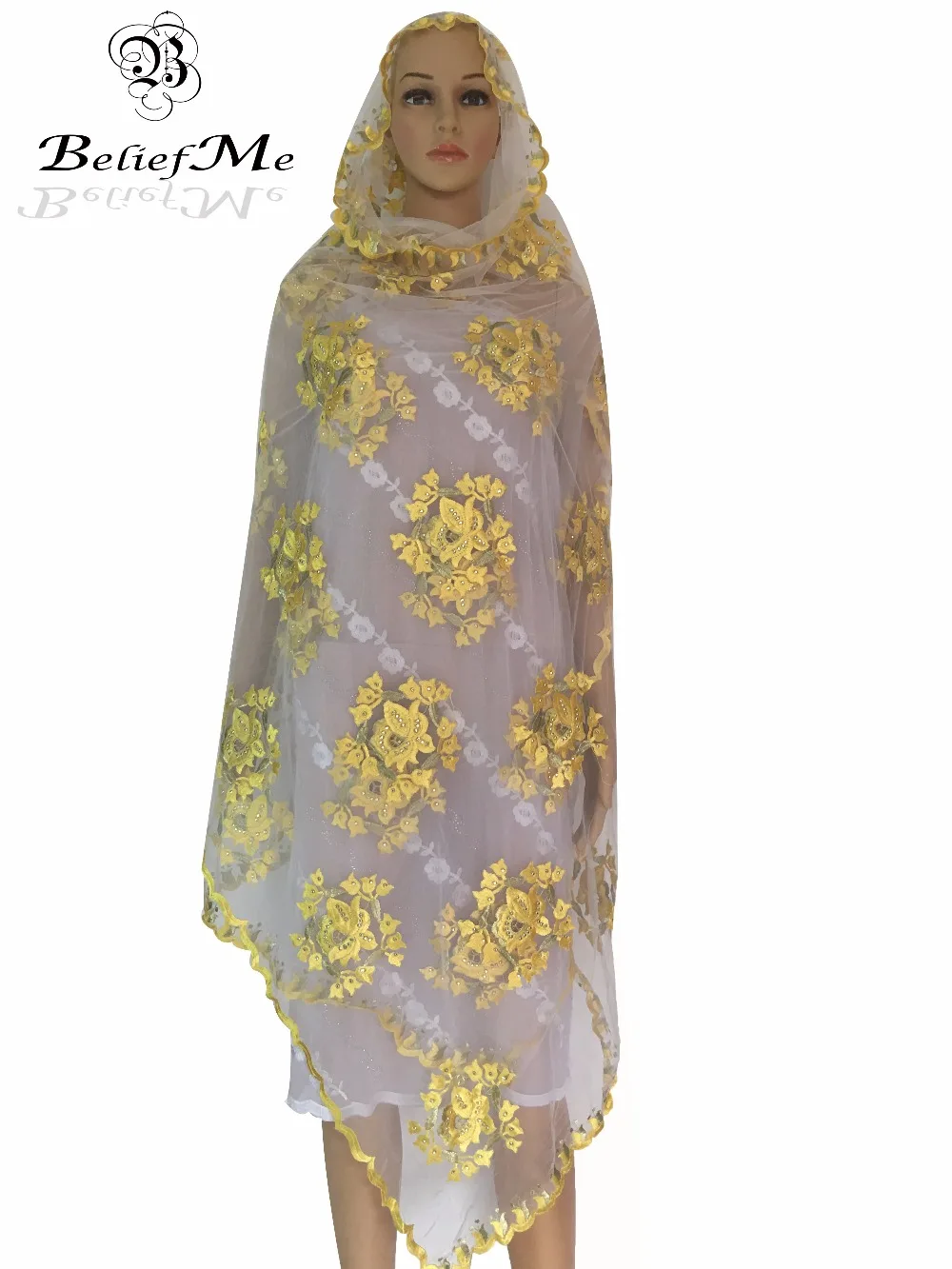 

2019 New design Yellow Net scarf Embroidery Scarf with stones Big flower tulle material New multifunctional scarf ,shawls wraps