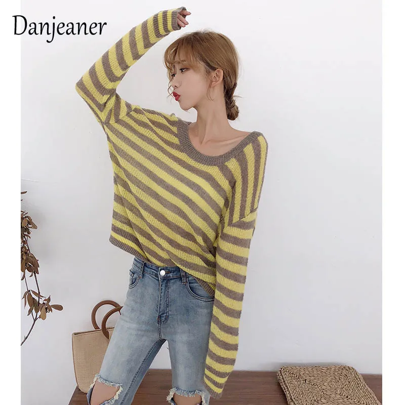 Danjeaner Sexy Off Shoulder Striped Knitting Pullovers Autumn 2018 Women Casual Long Sleeve Sweaters Knitted Jumpers Pull Femme Sweaters
