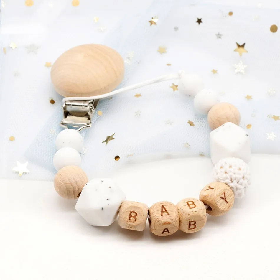 Dummy clip pacifier chain holder wood silicone bpa free baby newborn gift custom personalized name personalised beads beech