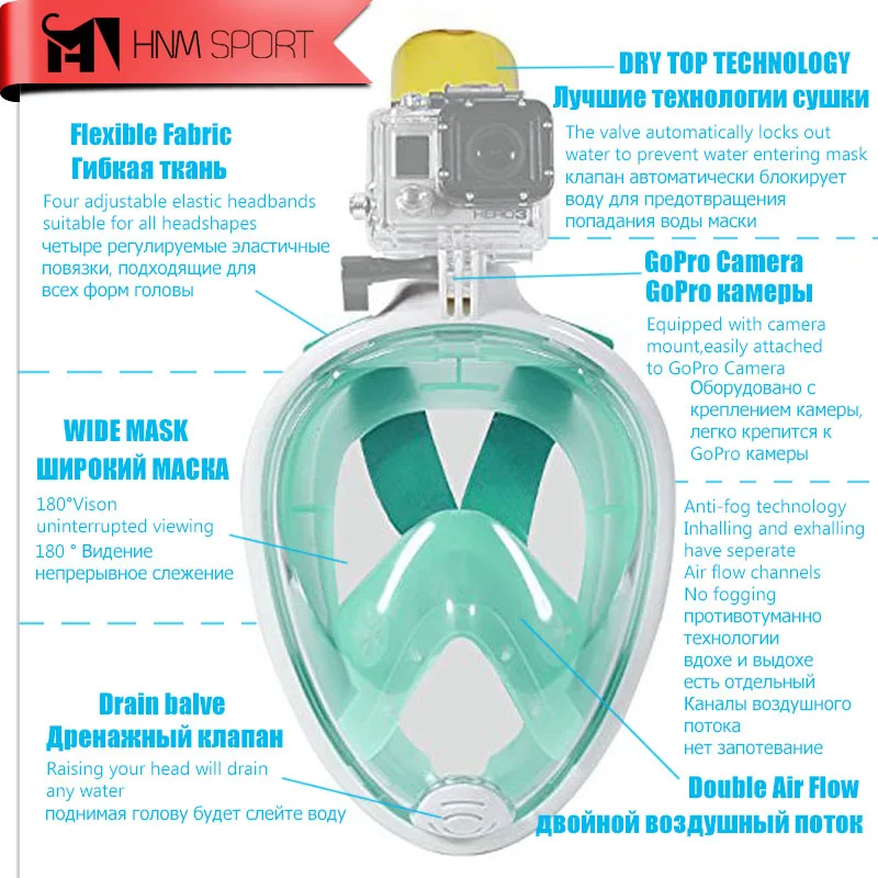 Best Seller 2017 New Scuba GoPro Camera Snorkel Mask Underwater Anti Fog Full Face Snorkeling