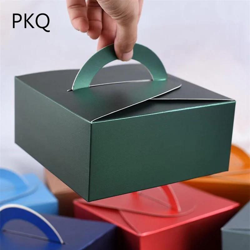 

20pcs/lot Christmas Green Paper Gift Box Cake Packaging Box for Cupcake Small Pastry Boxes with Handle Wedding Party Favors 10/8