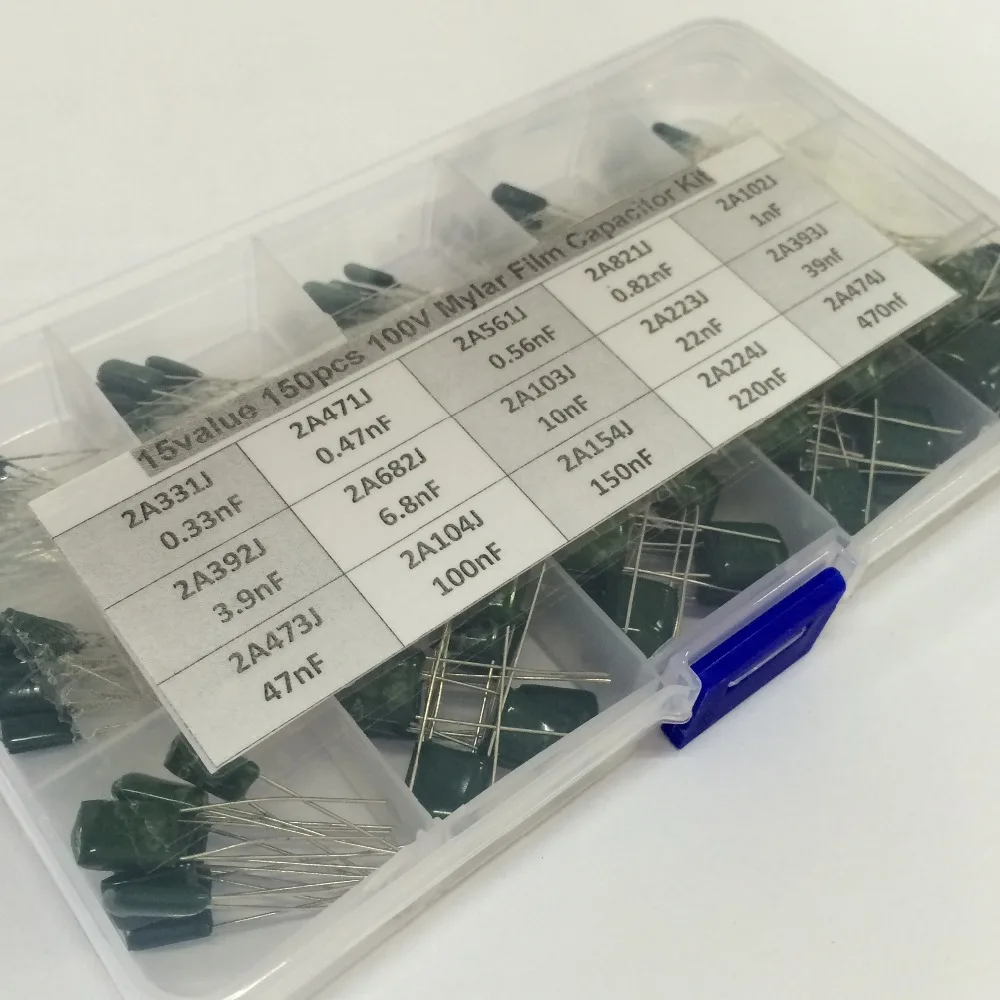 

15Value 150pcs capacitor kit 100V 2A331J to 2A474J Polyester Film capacitor Assorted Kit with storage box