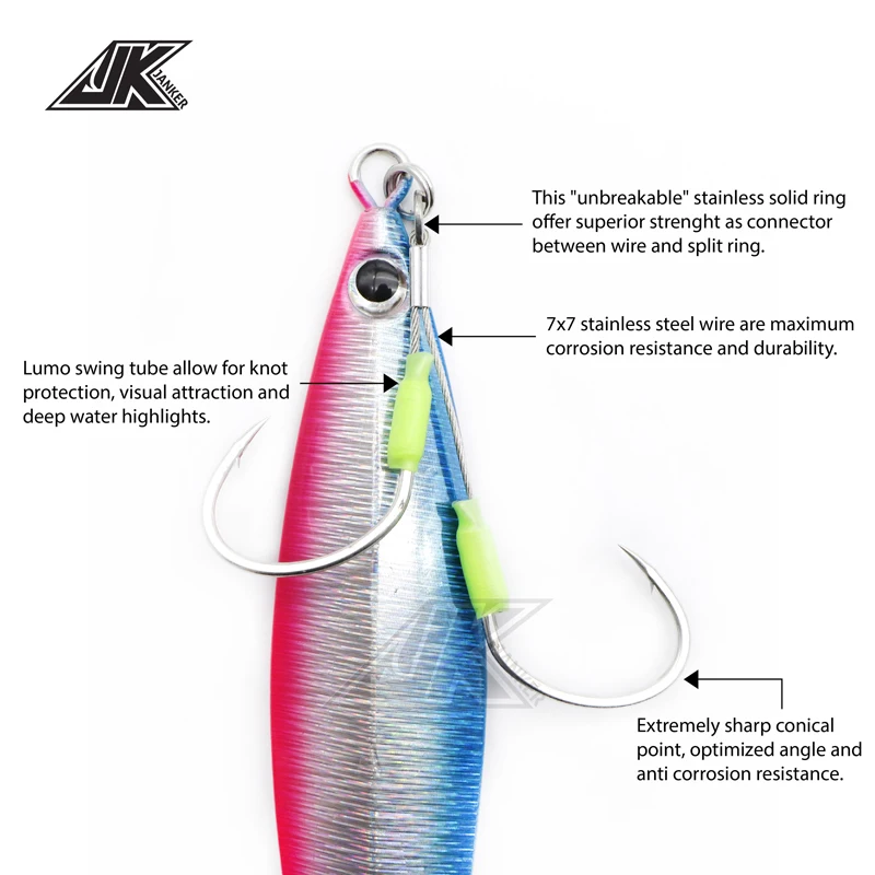 JK 3 Упаковка износостойкий Вибрационный крючок, стальная проволока, джиг, двойные вспомогательные крючки, светящийся Морской рыболовный крючок, морские крючки, рыболовные снасти для лодки