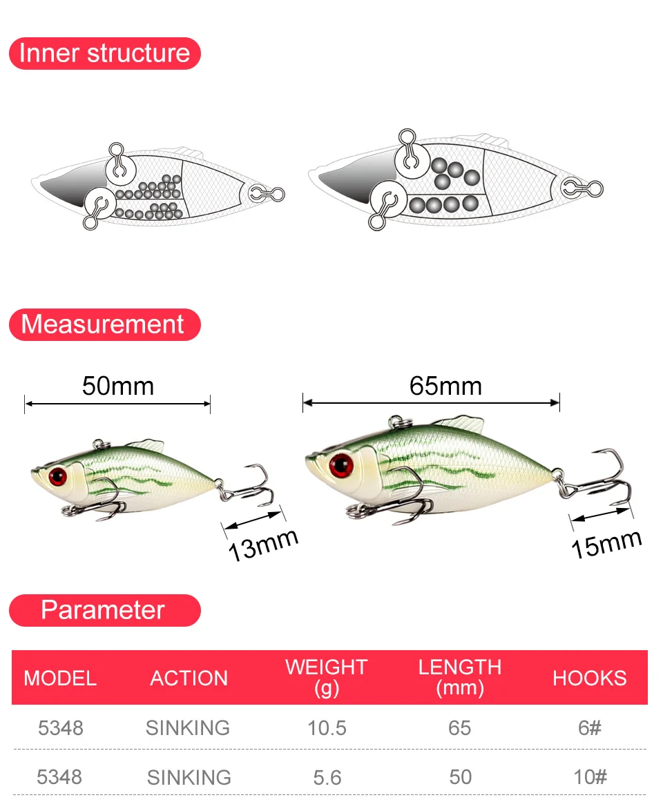 Kingdom Fishing Lures 50m 5.6g, 65mm 10.5g Crankbaits Fishing Small Leaves VIB Vibration Fishing Bait Tackle VMC Hook Hrard Lure (2)