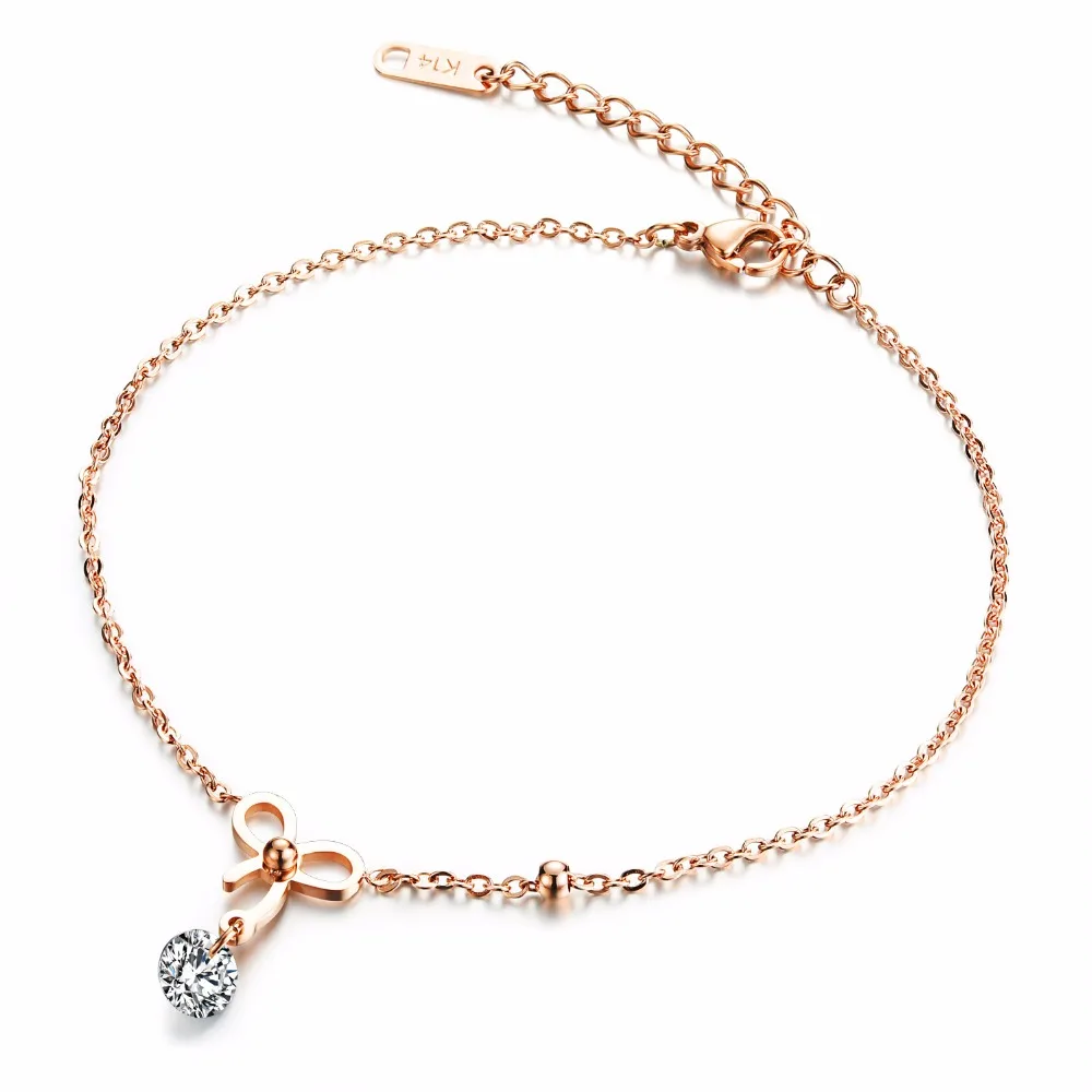 

FATE LOVE Bowknot Woman Anklets Inlaied Cubic Zirconia Extended Link Chain Vintage Rose Gold Color Stainless Steel Jewelry 024
