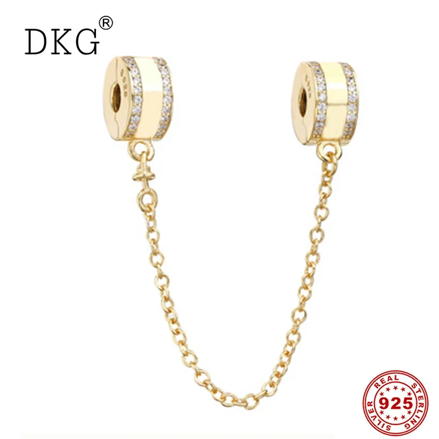 

New 925 Sterling Silver Bead Charm Inspiration Gold Color Crystal Safety Chain Beads Fit Original Pandora Bracelet DIY Jewelry