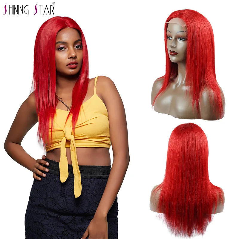 Shining Star перуанской красный Цветной человеческих волос парики для черный Для женщин бордовый 4*4 прямо Синтетические волосы на кружеве парик