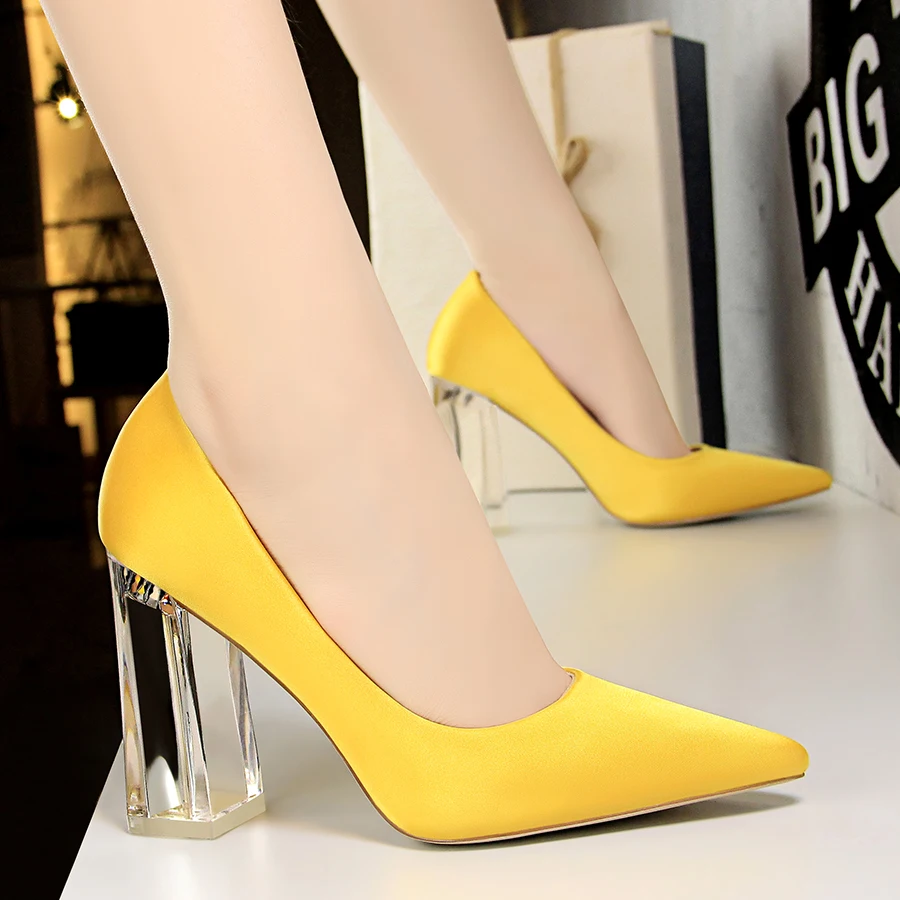 2019 Plus Size 43 Women Block 10cm High Heels Lady Scarpins Green Satin Pumps Female Wedding Yellow Blue Silk Transparent Shoes
