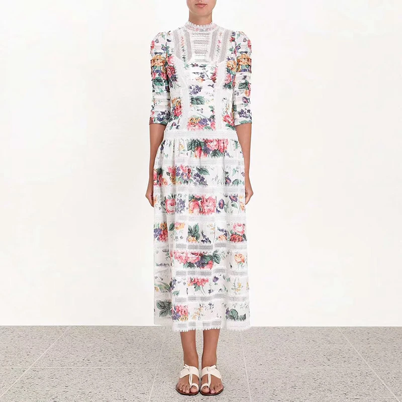 

2019 ZIM Style Runway Dress Women Elegant Floral Print Lace Patchwork Maxi Dress Female Holiday Party Dresses