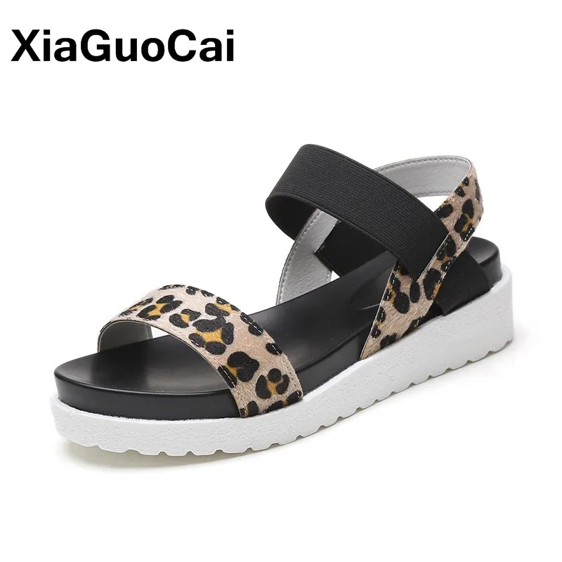 

2018 Summer Women Sandals Fashion Leopard Peep Toe Gladiator Female Sandals Flat Platform Women's Shoes
