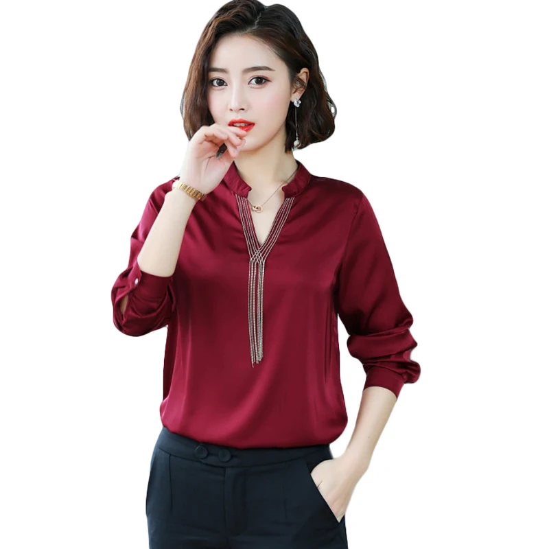 

Tassel Shirt Women 2019 Spring Autumn Long Sleeve V Neck Satin Blouses Casual Office Lady Emulation Silk Satin Shirt Tops CM1158