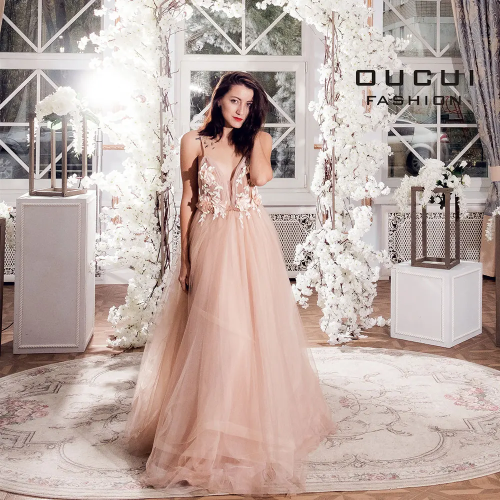 Sexy V Neck Robe De Soiree 2019 Evening Dress Long Prom Dresses Wedding A-Line Lace Flower Special Occasion Ball Gown OL103253