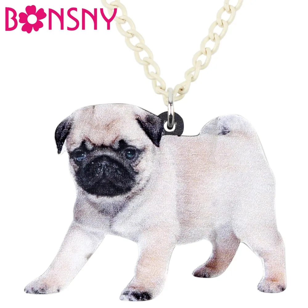 

Bonsny Acrylic Standing French Bulldog Pug Dog Necklace Pendant Collar Long Chain Cute Animal Jewelry For Women Girls Pets Gift