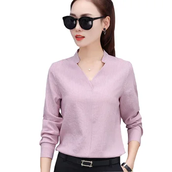 

New Lady V-Neck Striped Shirts Size S-XL Long Sleeve Autumn Spring Clothing 2018 Back Button Decor Women OL Blouses