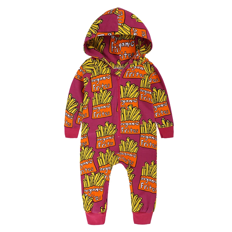 Весенне-осенняя одежда для новорожденных мальчиков и девочек с изображением картофеля фри; комбинезон с капюшоном и длинными рукавами на молнии; PPY-309 одежды
