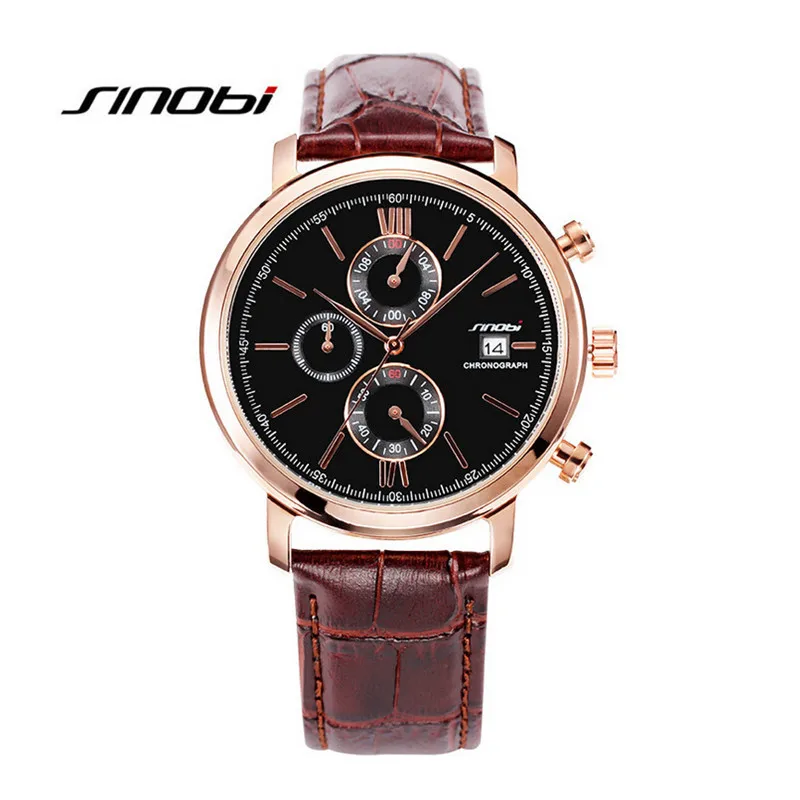 

SINOBI Chronograph Function Mens Watches Genuine Leather Luxury Mens Brand Military Wristwatches Reloj Relogio Masculino AA168