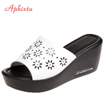 

Aphixta Platform Slippers Women Wedge Slides Fish Mouth Sandals Leather Wedges High Heels Sandals Peep Toe Slipper Woman Shoes