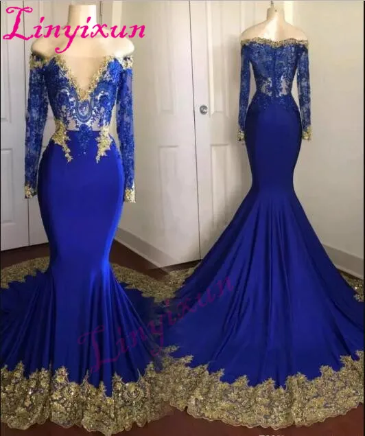 

Linyixun 2018 sexy cheap royal blue prom dress plus size gold appliques vestidos de fiesta long sleeve Evening dresses
