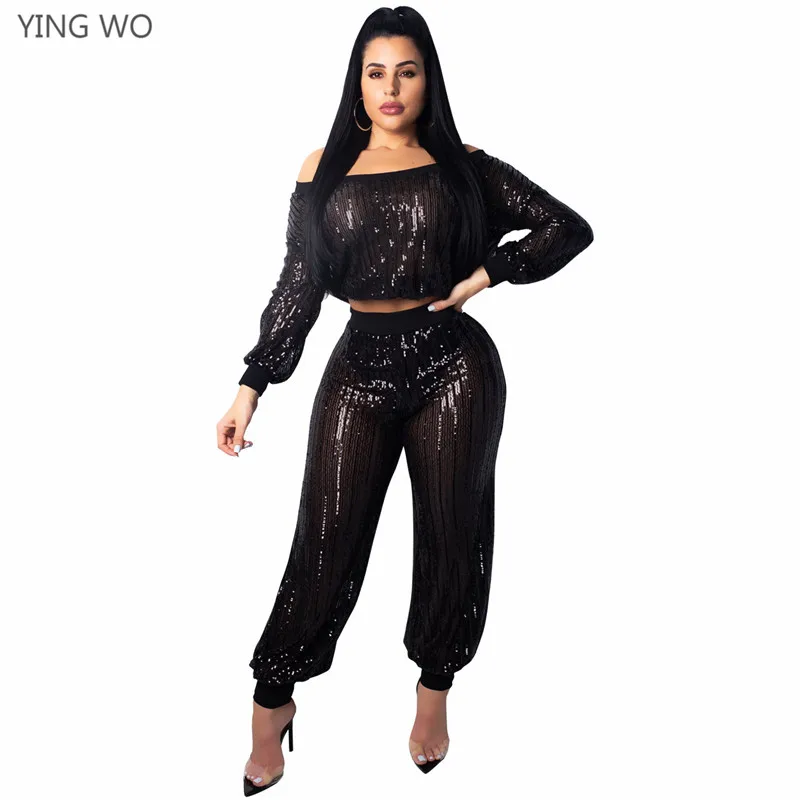 Black Sequined Sexy See Through Two Pieces Set Off The Shoulder Crop Tops Elastic Waist Full-length Pants Suit Wholesale Online